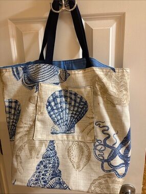 Large  Canvas  seashell print Tote Bag w/ pocket
